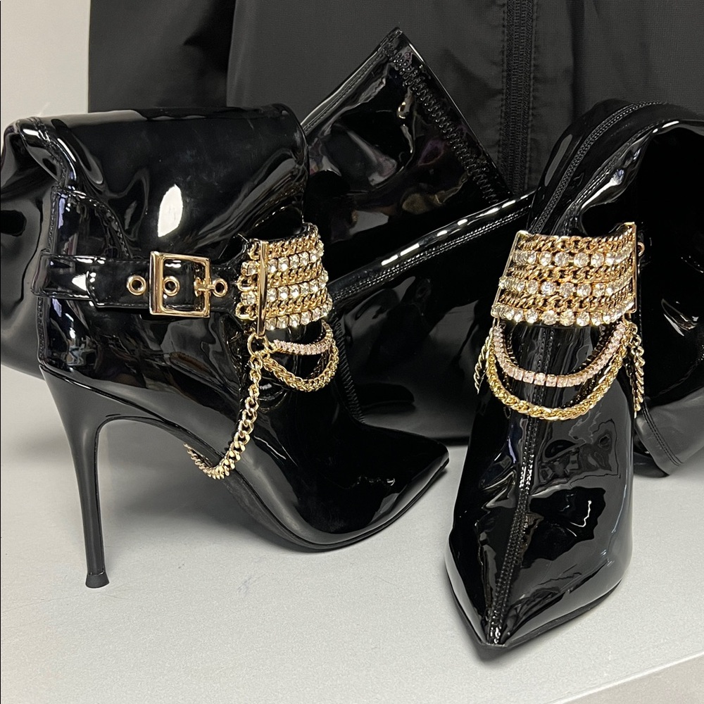 Patent Bejeweled Chains! Stiletto Heel Thigh Boots 8